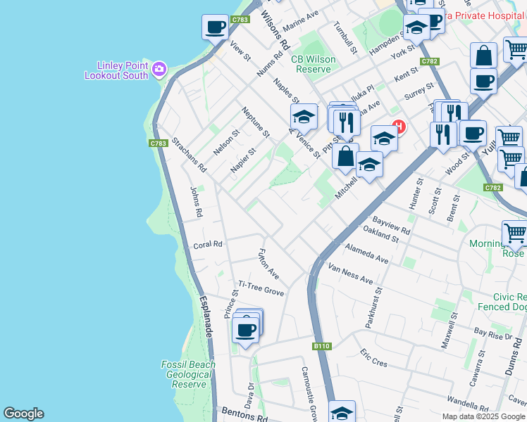 map of restaurants, bars, coffee shops, grocery stores, and more near 17 Swansea Grove in Mornington