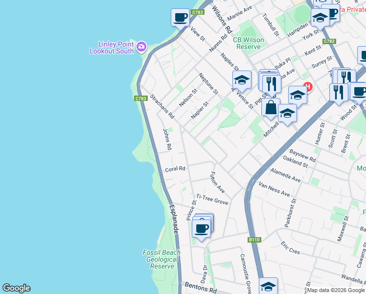 map of restaurants, bars, coffee shops, grocery stores, and more near 107 Prince Street in Mornington