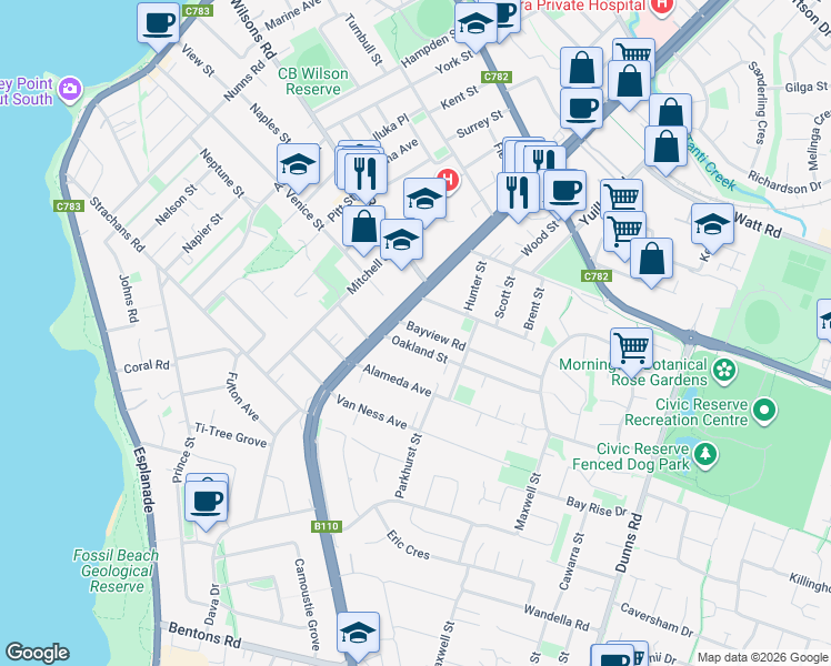 map of restaurants, bars, coffee shops, grocery stores, and more near 6 Bayview Road in Mornington