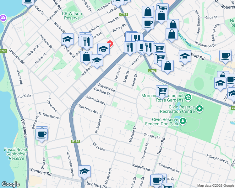 map of restaurants, bars, coffee shops, grocery stores, and more near 32 Bayview Road in Mornington