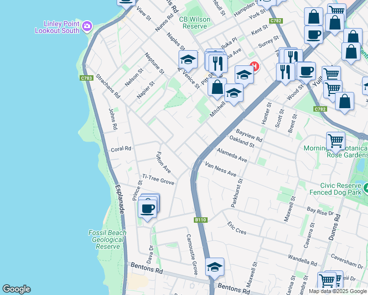 map of restaurants, bars, coffee shops, grocery stores, and more near 10 Mitchell Street in Mornington