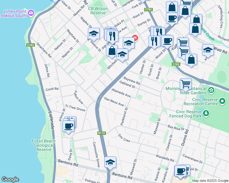 map of restaurants, bars, coffee shops, grocery stores, and more near 4 Alameda Avenue in Mornington