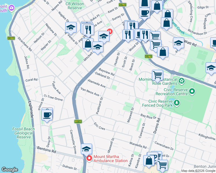 map of restaurants, bars, coffee shops, grocery stores, and more near 27 Alameda Avenue in Mornington