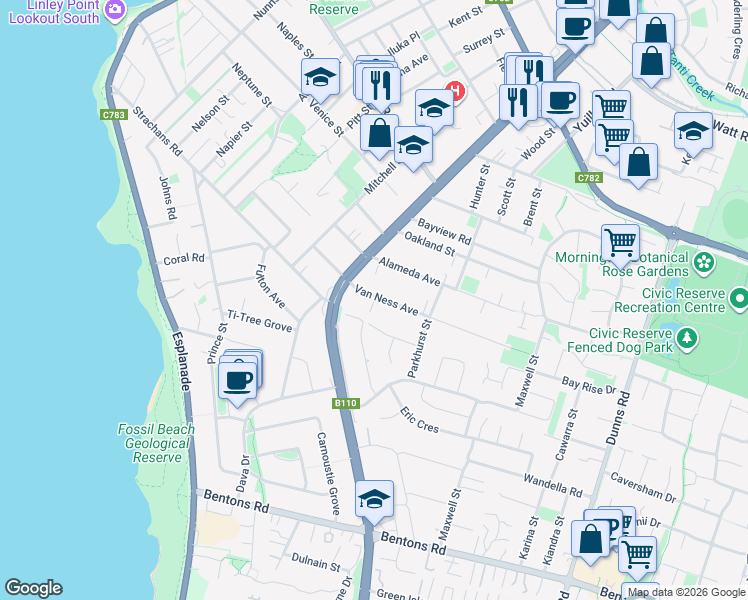 map of restaurants, bars, coffee shops, grocery stores, and more near 8 Van Ness Avenue in Mornington