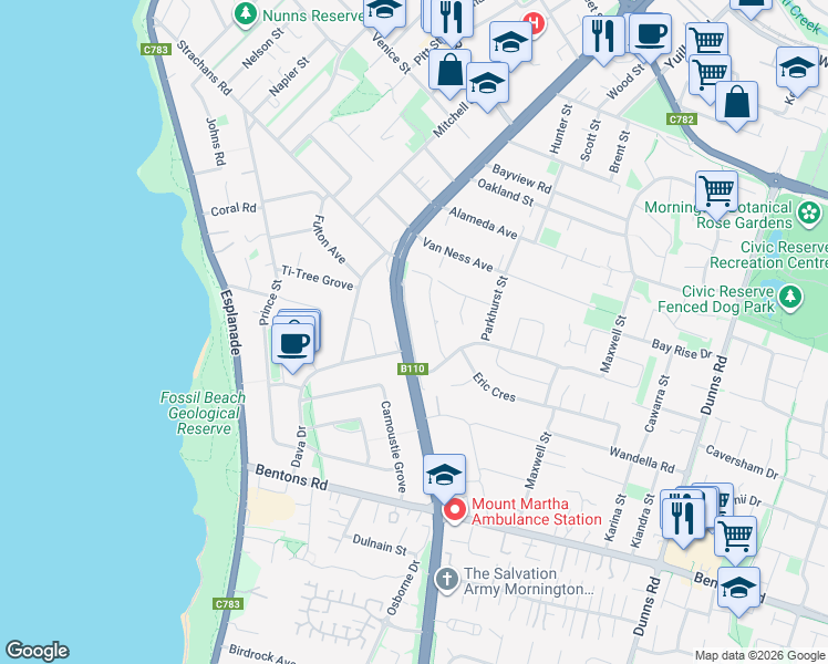map of restaurants, bars, coffee shops, grocery stores, and more near 844 Nepean Highway in Mornington