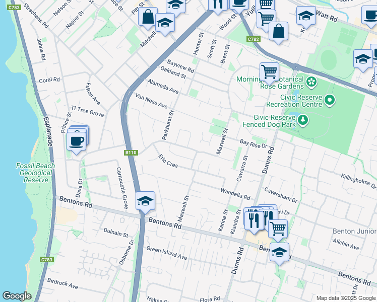 map of restaurants, bars, coffee shops, grocery stores, and more near 50 Weber Drive in Mornington