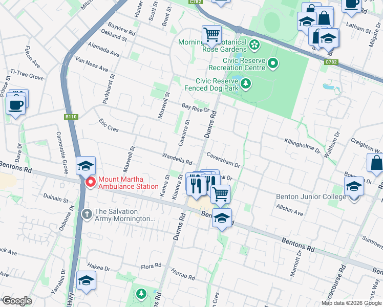 map of restaurants, bars, coffee shops, grocery stores, and more near 239 Dunns Road in Mornington