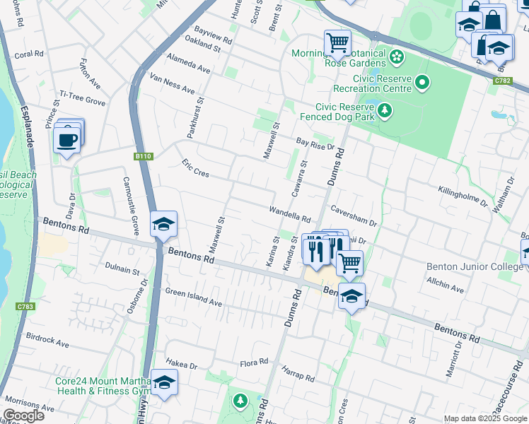 map of restaurants, bars, coffee shops, grocery stores, and more near 24 Wandella Road in Mornington