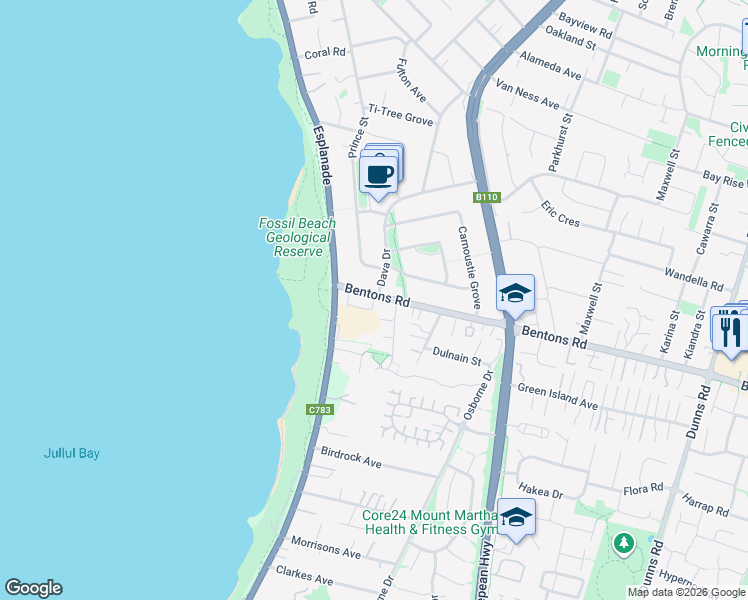 map of restaurants, bars, coffee shops, grocery stores, and more near 2A Bentons Road in Mount Martha