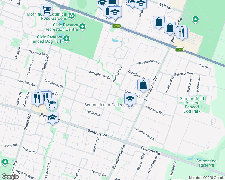 map of restaurants, bars, coffee shops, grocery stores, and more near 41 Killingholme Drive in Mornington