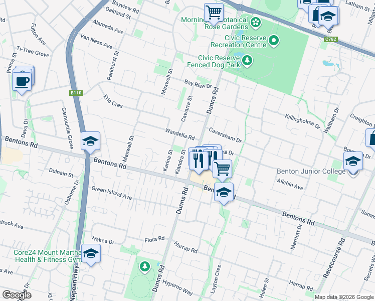 map of restaurants, bars, coffee shops, grocery stores, and more near 22 Kiandra Street in Mornington
