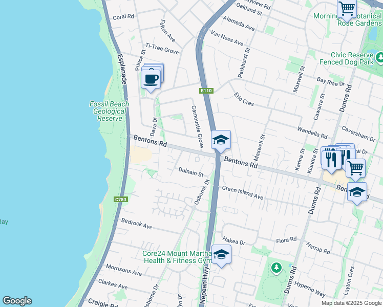 map of restaurants, bars, coffee shops, grocery stores, and more near 42 Bentons Road in Mount Martha