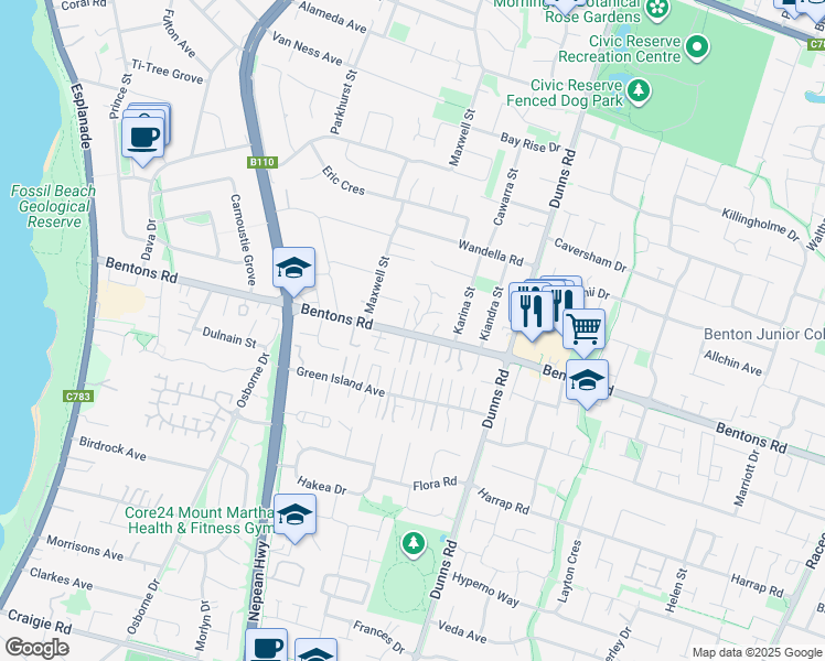 map of restaurants, bars, coffee shops, grocery stores, and more near 99 Bentons Road in Mornington