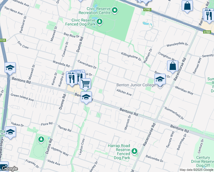 map of restaurants, bars, coffee shops, grocery stores, and more near 16 Moorhead Avenue in Mornington