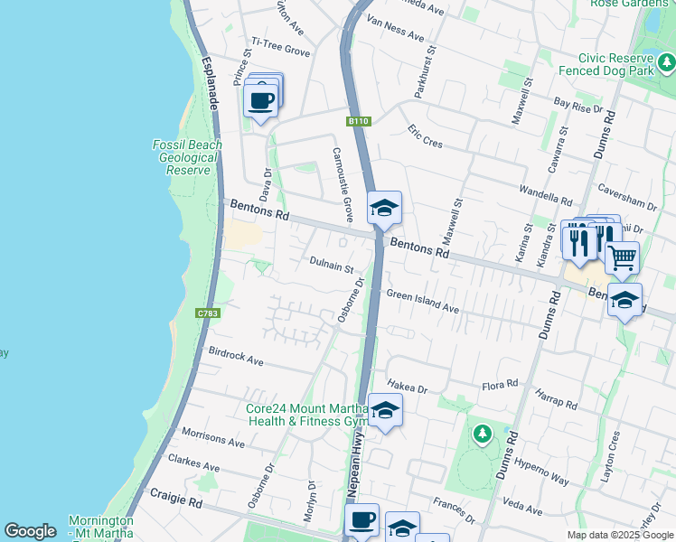 map of restaurants, bars, coffee shops, grocery stores, and more near 14 Dulnain Street in Mount Martha