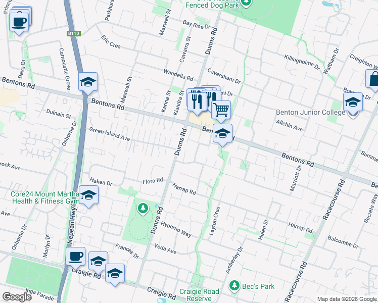 map of restaurants, bars, coffee shops, grocery stores, and more near 8 Swales Court in Mount Martha