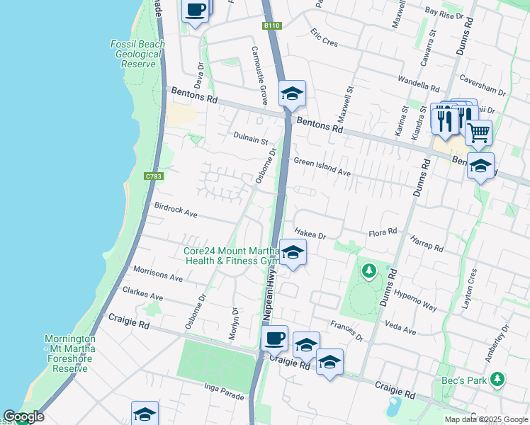 map of restaurants, bars, coffee shops, grocery stores, and more near 6 Nirringa Court in Mount Martha