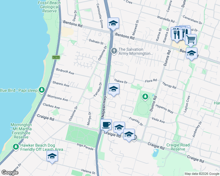 map of restaurants, bars, coffee shops, grocery stores, and more near 21 Messmate Court in Mount Martha