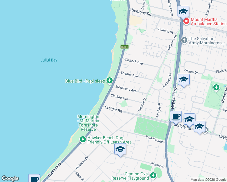 map of restaurants, bars, coffee shops, grocery stores, and more near 570 Esplanade in Mount Martha