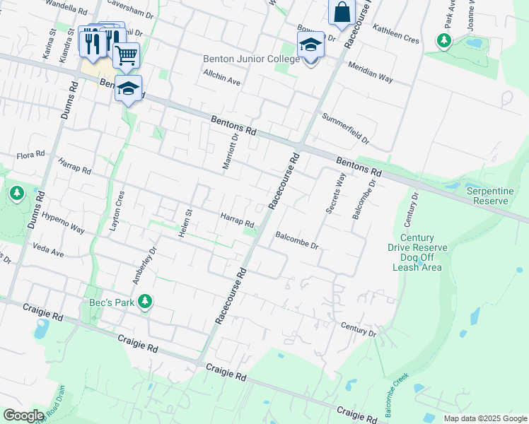 map of restaurants, bars, coffee shops, grocery stores, and more near 131 Racecourse Road in Mount Martha