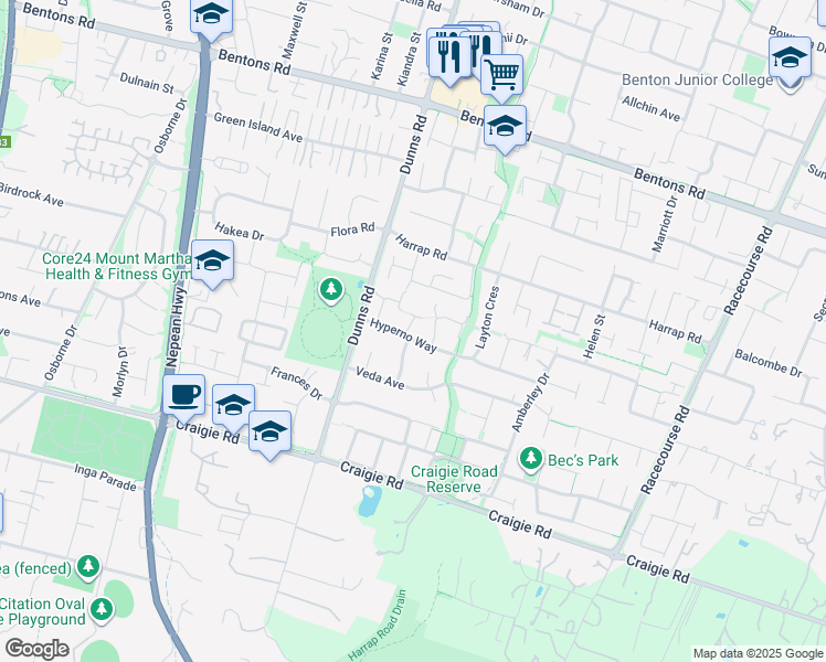 map of restaurants, bars, coffee shops, grocery stores, and more near 15 Hyperno Way in Mount Martha