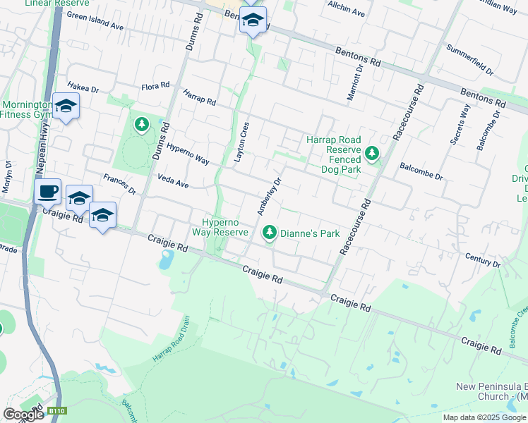 map of restaurants, bars, coffee shops, grocery stores, and more near 38 Amberley Drive in Mount Martha