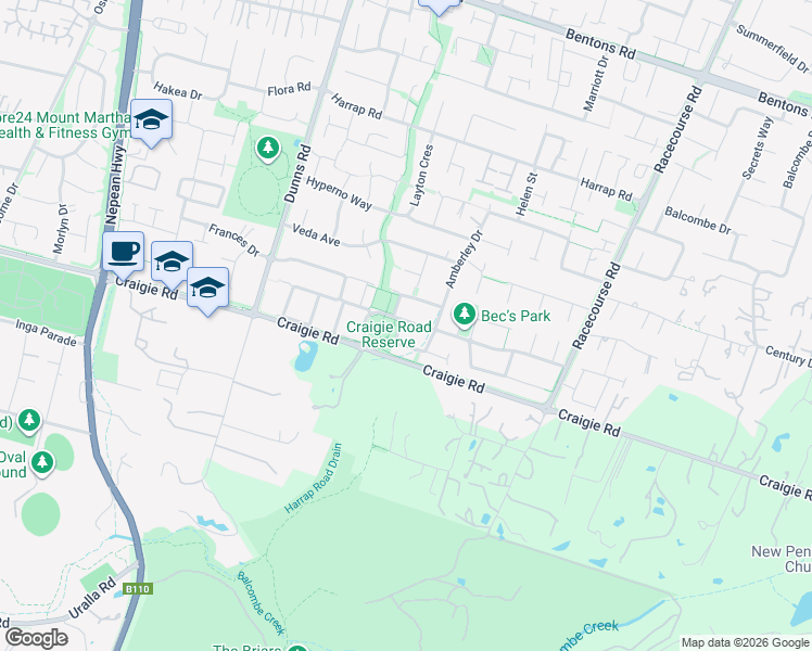 map of restaurants, bars, coffee shops, grocery stores, and more near 20 Sefton Grange in Mount Martha