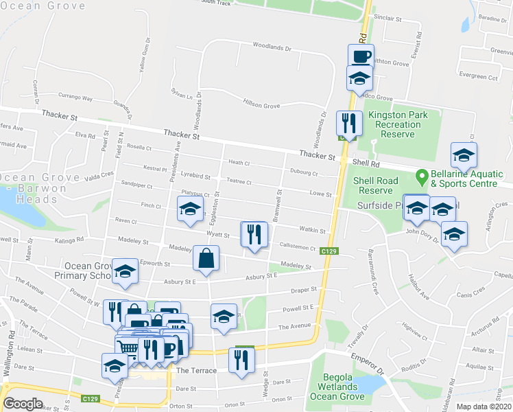 map of restaurants, bars, coffee shops, grocery stores, and more near 11 Lorikeet Close in Ocean Grove