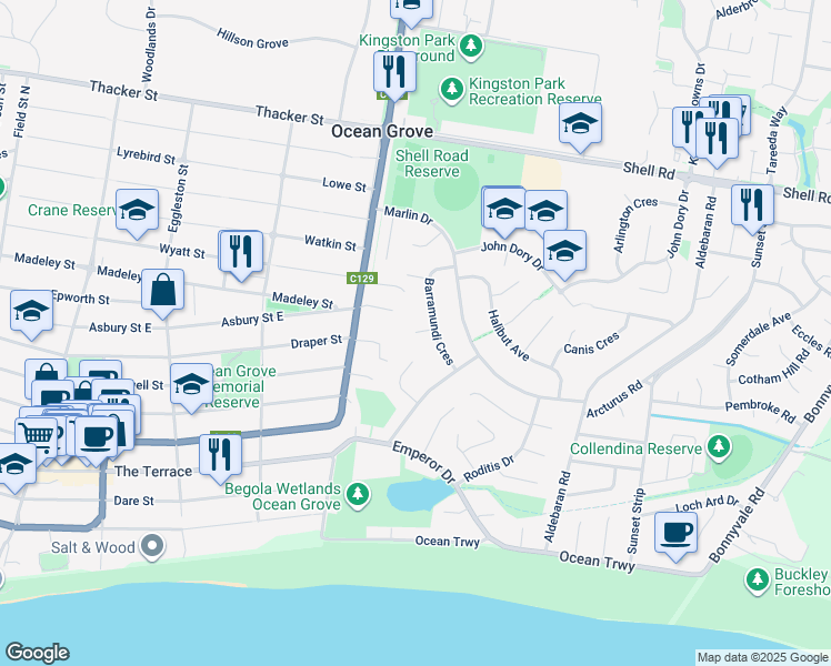 map of restaurants, bars, coffee shops, grocery stores, and more near Kingston Close in Ocean Grove