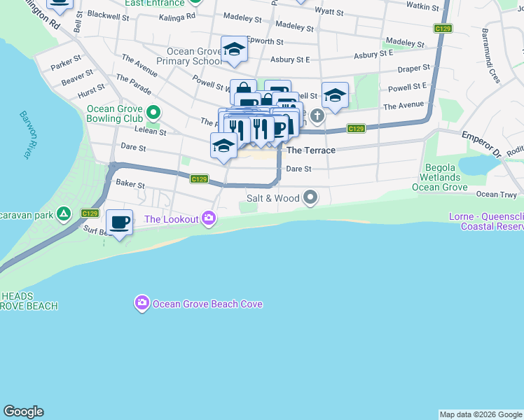 map of restaurants, bars, coffee shops, grocery stores, and more near 21-23 Lookout Road in Ocean Grove
