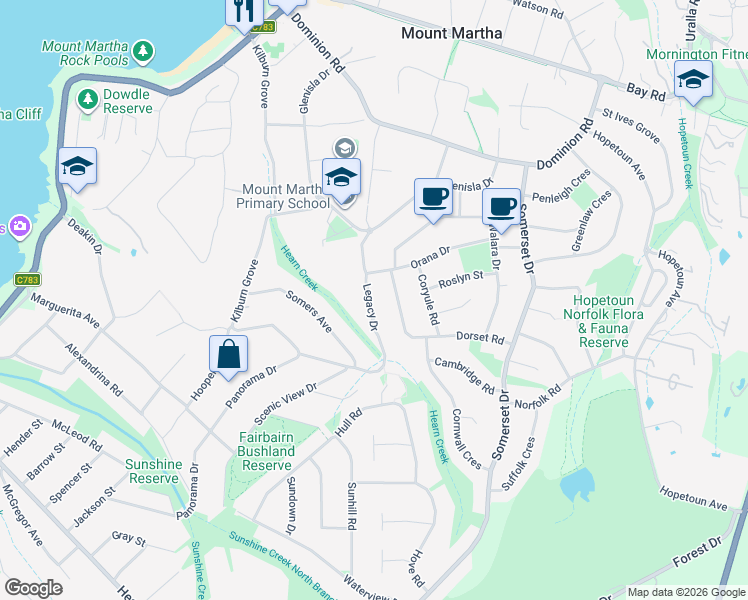 map of restaurants, bars, coffee shops, grocery stores, and more near 22 Legacy Drive in Mount Martha
