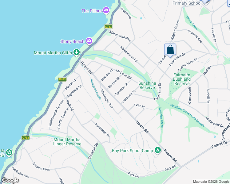 map of restaurants, bars, coffee shops, grocery stores, and more near 3 Spencer Street in Mount Martha