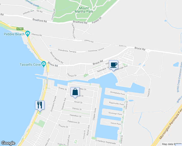 map of restaurants, bars, coffee shops, grocery stores, and more near 60 Spinnaker Terrace in Safety Beach