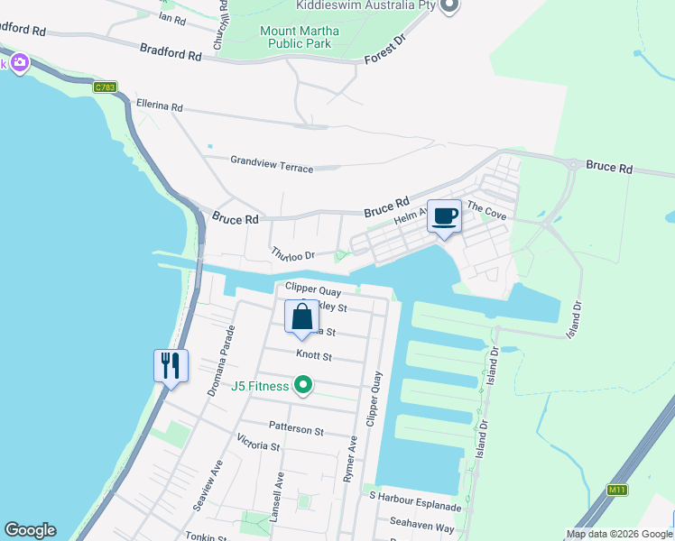 map of restaurants, bars, coffee shops, grocery stores, and more near 83 Spinnaker Terrace in Safety Beach