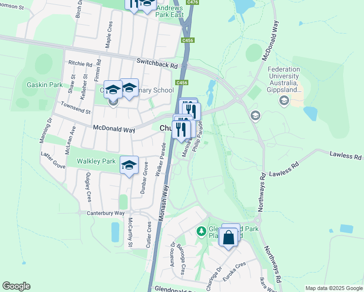 map of restaurants, bars, coffee shops, grocery stores, and more near Monash Way in Churchill