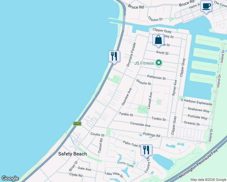 map of restaurants, bars, coffee shops, grocery stores, and more near 251 Dromana Parade in Safety Beach