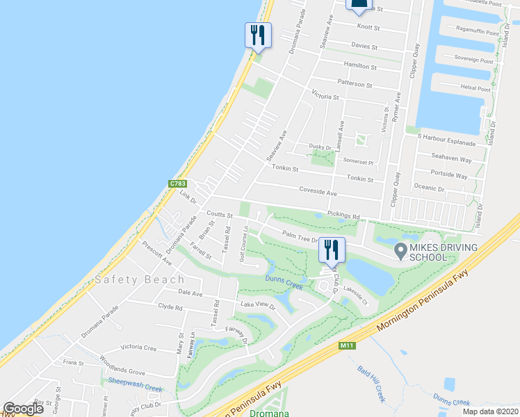 map of restaurants, bars, coffee shops, grocery stores, and more near 10 Palm Tree Court in Safety Beach