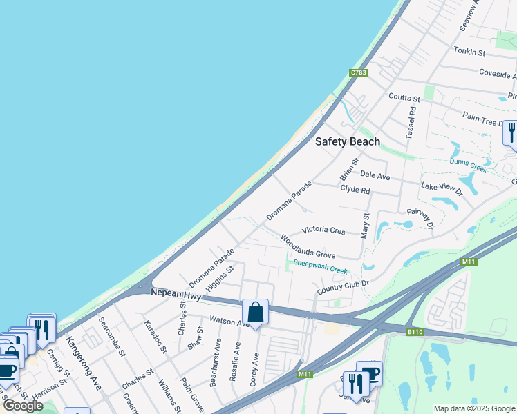 map of restaurants, bars, coffee shops, grocery stores, and more near 73 Dromana Parade in Safety Beach