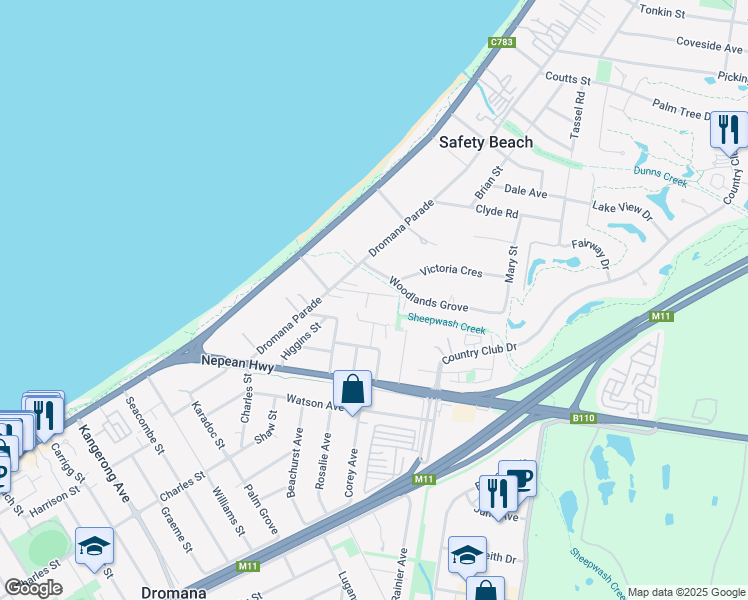 map of restaurants, bars, coffee shops, grocery stores, and more near 12 Frank Street in Safety Beach