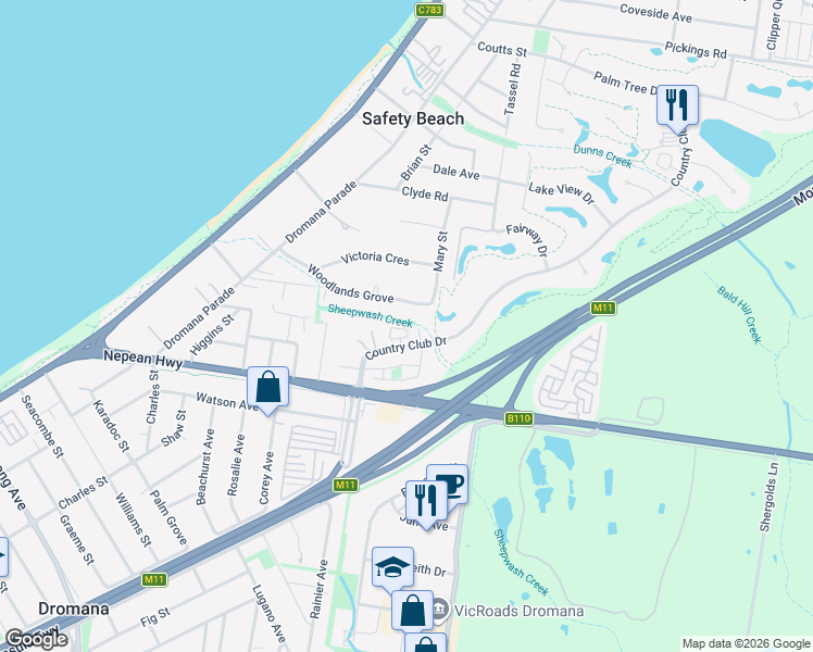 map of restaurants, bars, coffee shops, grocery stores, and more near 102B Country Club Drive in Safety Beach
