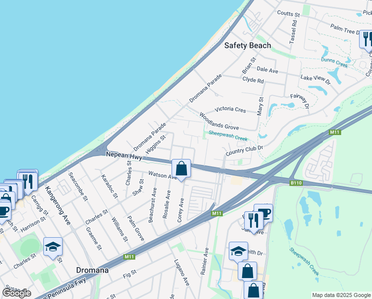 map of restaurants, bars, coffee shops, grocery stores, and more near 8 Forbes Street in Safety Beach