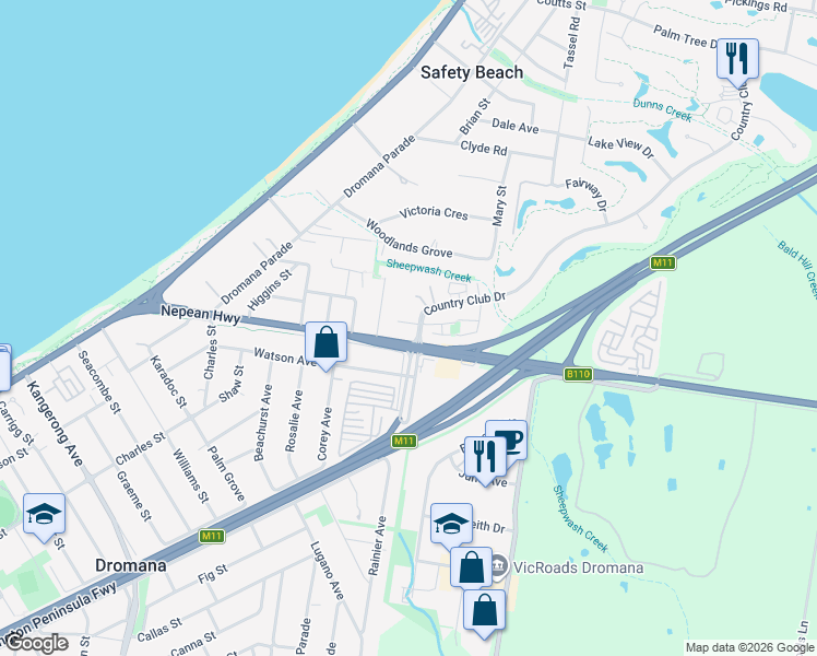 map of restaurants, bars, coffee shops, grocery stores, and more near 140 Country Club Drive in Safety Beach