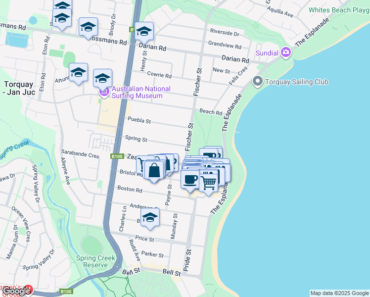 map of restaurants, bars, coffee shops, grocery stores, and more near 11A Fischer Street in Torquay
