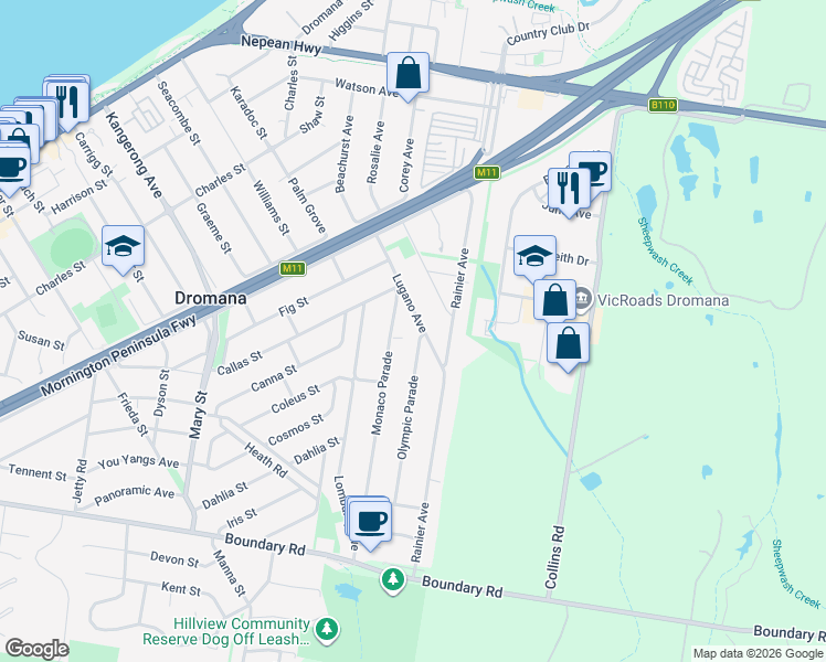 map of restaurants, bars, coffee shops, grocery stores, and more near 2 Olympic Parade in Dromana