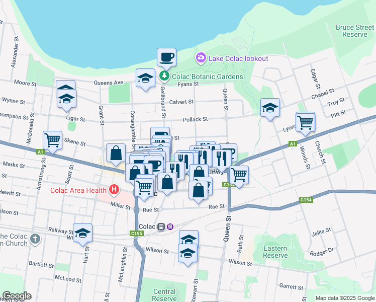 map of restaurants, bars, coffee shops, grocery stores, and more near 59 Dennis Street in Colac