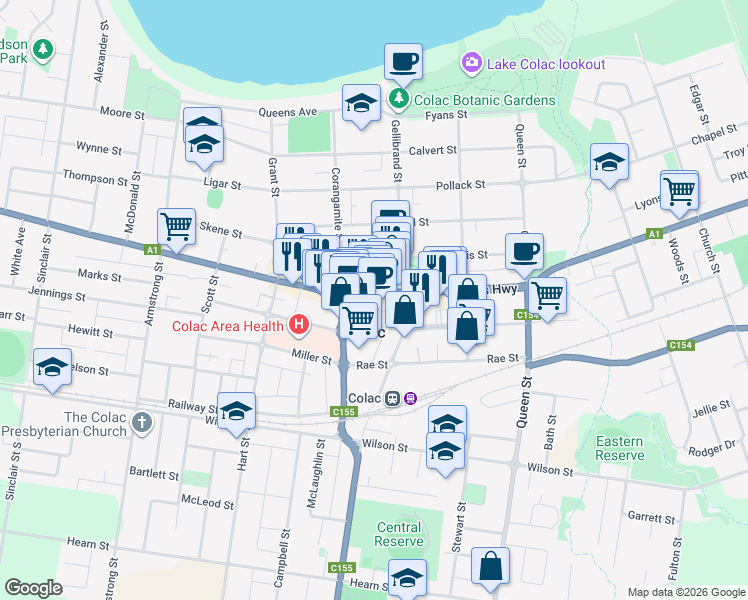 map of restaurants, bars, coffee shops, grocery stores, and more near 150 Murray Street in Colac