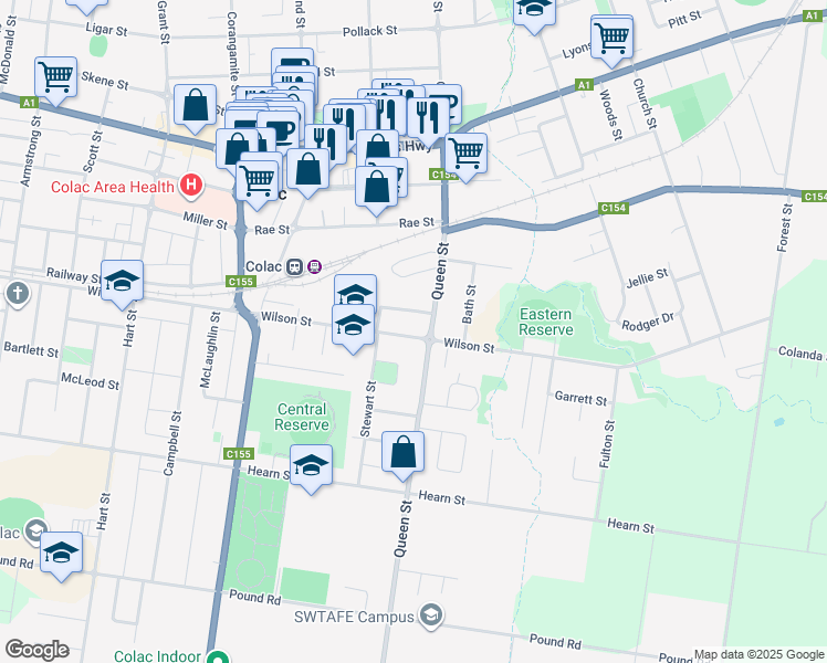 map of restaurants, bars, coffee shops, grocery stores, and more near 105 Wilson Street in Colac