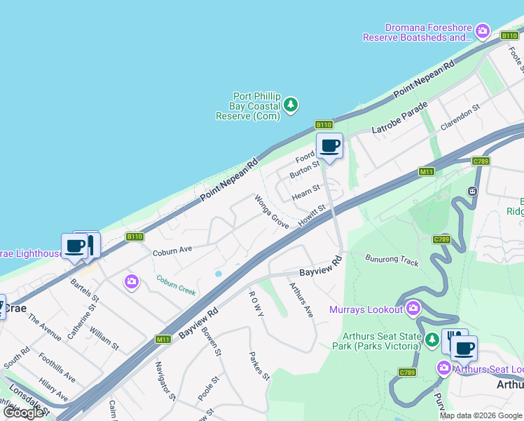 map of restaurants, bars, coffee shops, grocery stores, and more near 8 Wonga Grove in McCrae