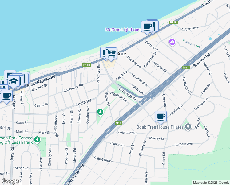 map of restaurants, bars, coffee shops, grocery stores, and more near 5 Highfield Road in McCrae