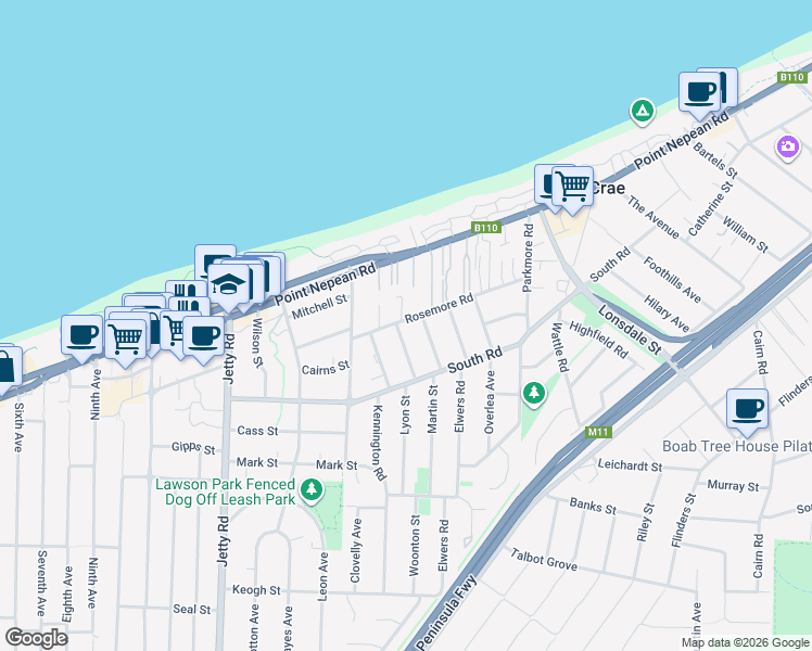 map of restaurants, bars, coffee shops, grocery stores, and more near 43 Rosemore Road in Rosebud